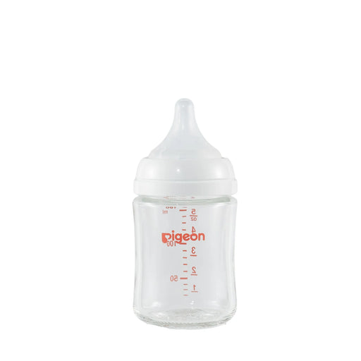 Clear baby bottle with red markings and 'Pigeon' branding on a white background