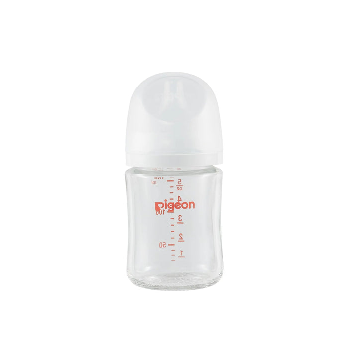 Clear baby bottle with 'Pigeon' branding on a white background