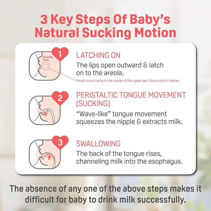 Diagram of the three key steps of a baby's natural sucking motion with illustrations and text.