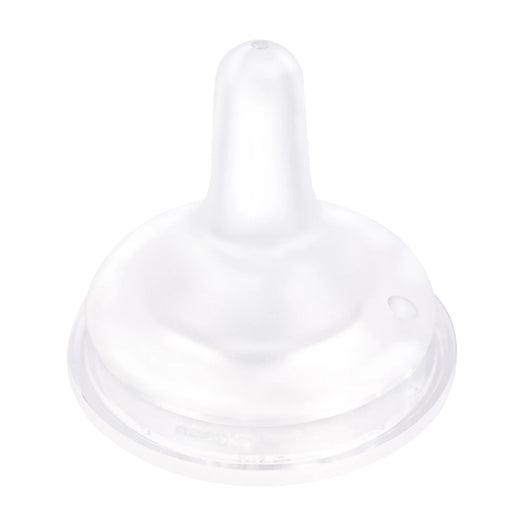 Clear baby bottle nipple on a white background