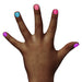 Hand with multicolored nail polish on a white background
