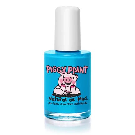 Blue bottle of Piggy Paint nail polish on a white background