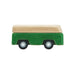 Small green toy truck with a wooden bed on a white background