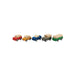Set of five wooden toy cars lined up on white background