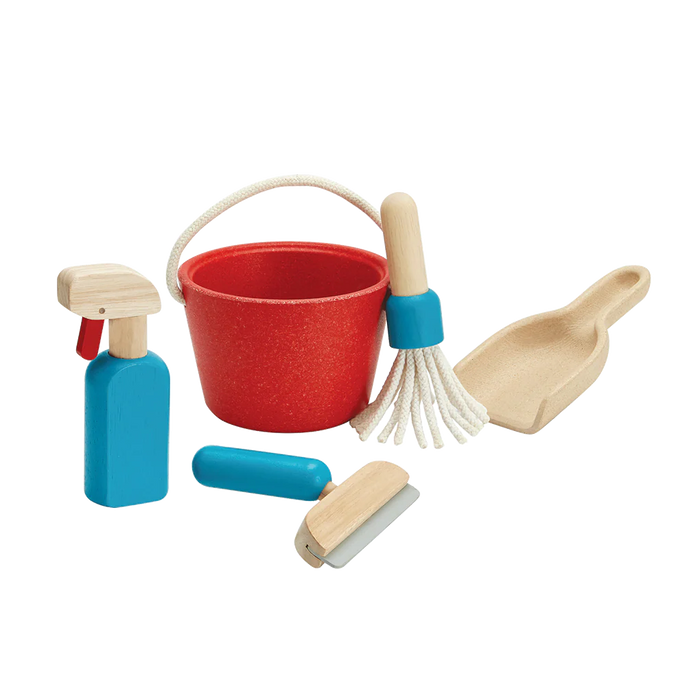 Set of cleaning toys shown on white background