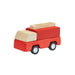 Red toy fire truck with beige blocks on a white background