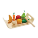 Wooden toy fruits and vegetables set on a tray with a wooden knife on a white background