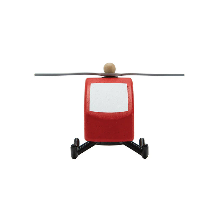 A red wooden toy helicopter from the front view only on a white background