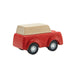 Small red toy truck with a wooden hood on a white background