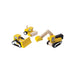 Set of yellow toy construction vehicles on a white background