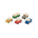 Set of 5 wooden toy cars by Plan Toys set against a white background