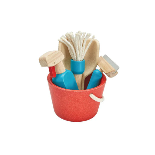 Set of cleaning toys in a PlanToys wooden bucket