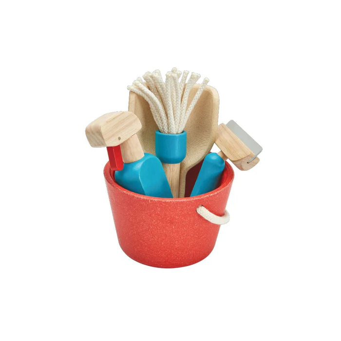 Set of cleaning toys in a PlanToys wooden bucket