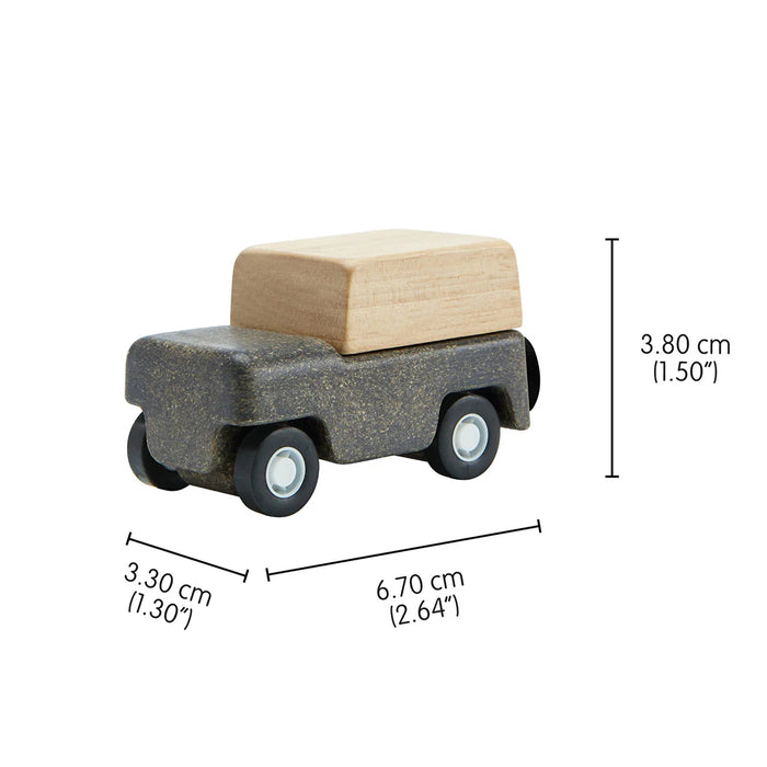 Small toy truck with a wooden box on a white background, showing dimensions.