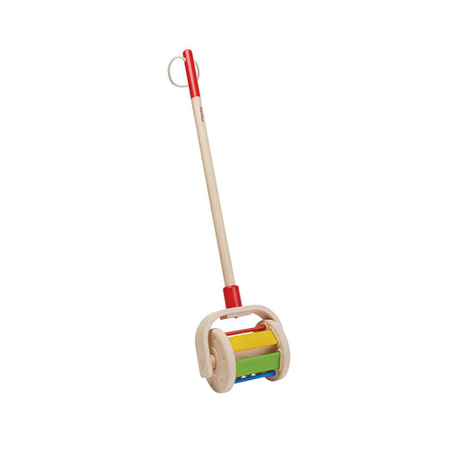Wooden Toy for walking with long handle and rainbow hued panels on roller