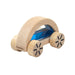 Wooden toy car with see-through blue liquid pane on a white background