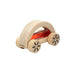 Wooden toy car with see-through red liquid pane on a white background