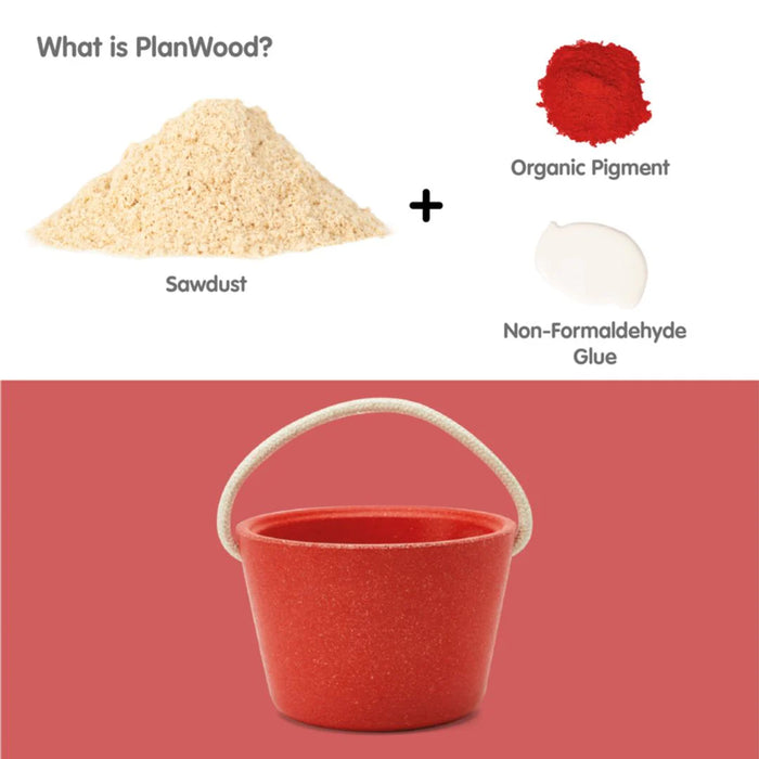 Red bucket with sawdust, organic pigment, and non-formaldehyde glue components on a white background.