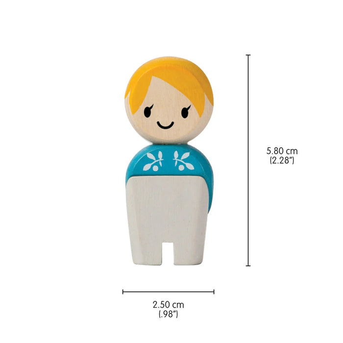 Wooden toy figure with measurements on a white background