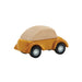 Yellow wooden toy car with a plain wooden roof on a white background