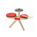 Children's drum set with red drums and wooden stand on a white background