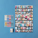 Set of colorful house-themed cards on a blue background