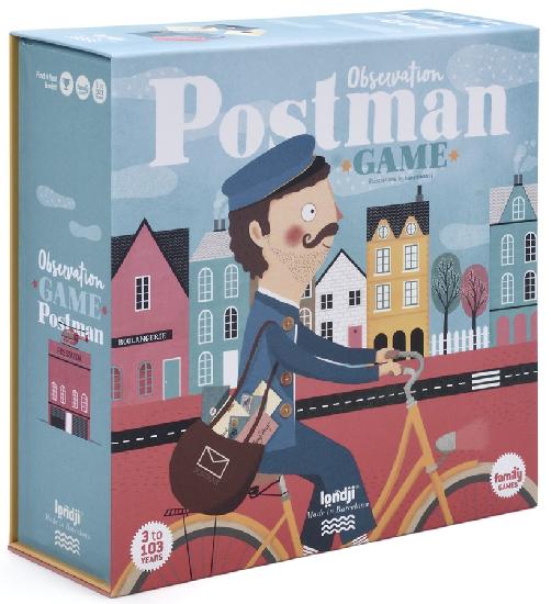 Board game box titled 'Postman Game' with a man on a bicycle and buildings in the background.