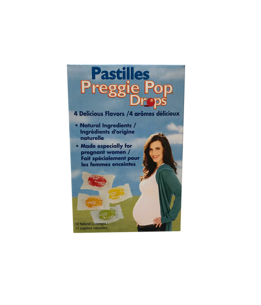 Packaging of Pastilles Preggie Pop Drops with a pregnant woman on a white background