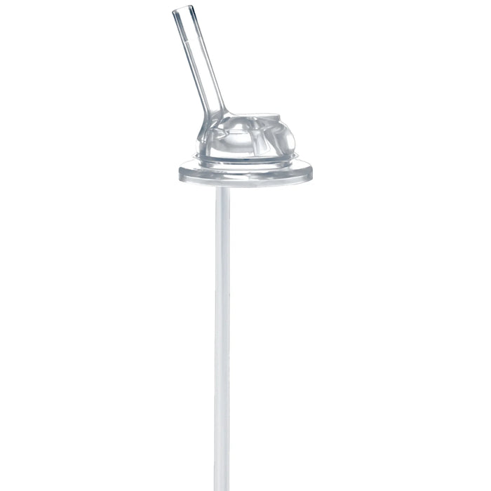Clear silicone straw with a pura bottle fit on a white background