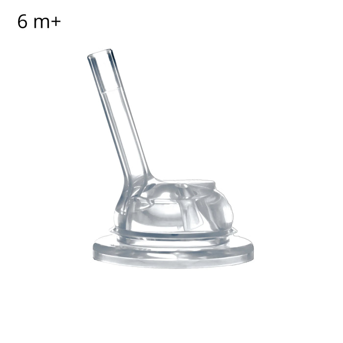 Clear plastic straw with a bottle fit on a white background, suitable for infants over 6 months.