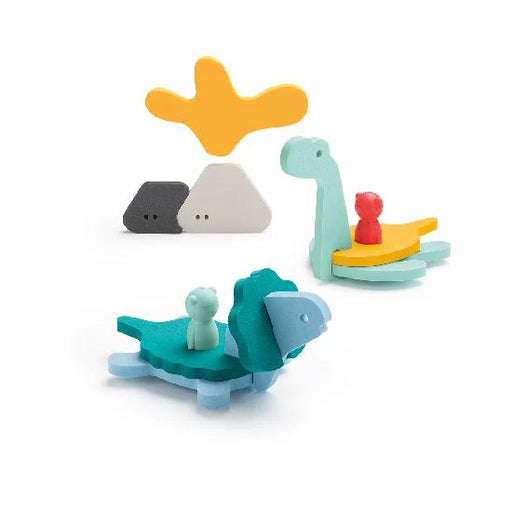 Colorful toy set with a turtle, starfish, and dinosaur on a white background