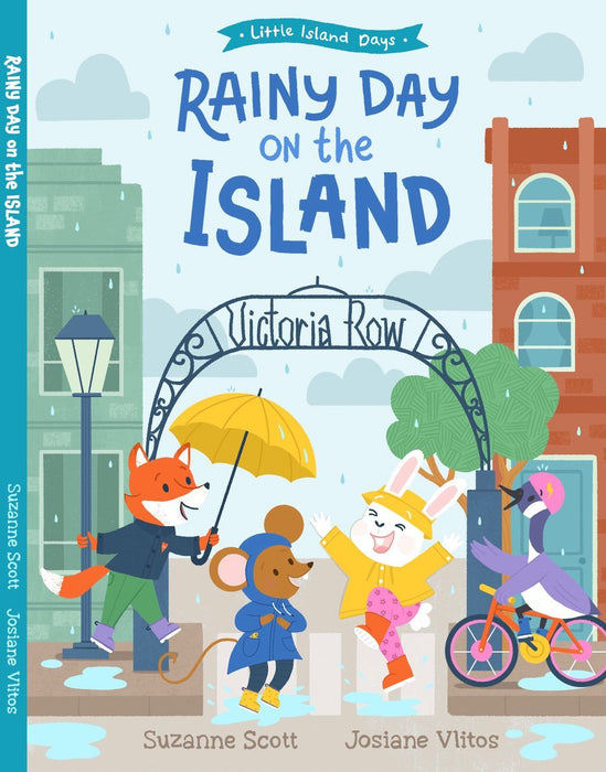 Book cover of 'Rainy Day on the Island' featuring cartoon animals under an umbrella in a city setting.