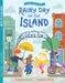 Book cover of 'Rainy Day on the Island' featuring cartoon animals under an umbrella in a city setting.