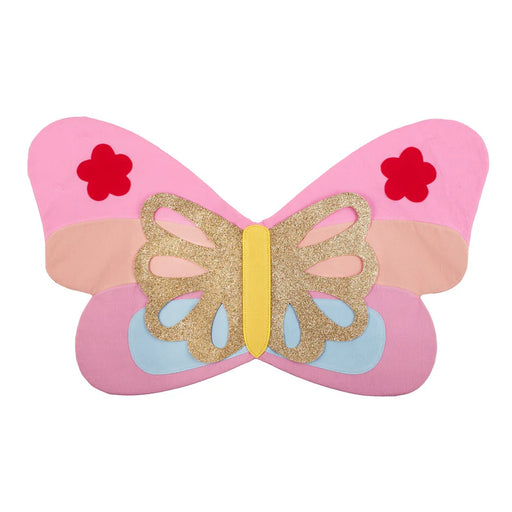 Butterfly-shaped object with pink wings, gold center, and red flowers on a white background