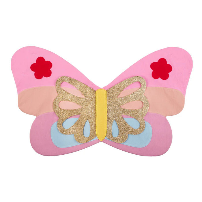 Butterfly-shaped object with pink wings, gold center, and red flowers on a white background