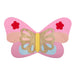 Butterfly-shaped object with pink wings, gold center, and red flowers on a white background