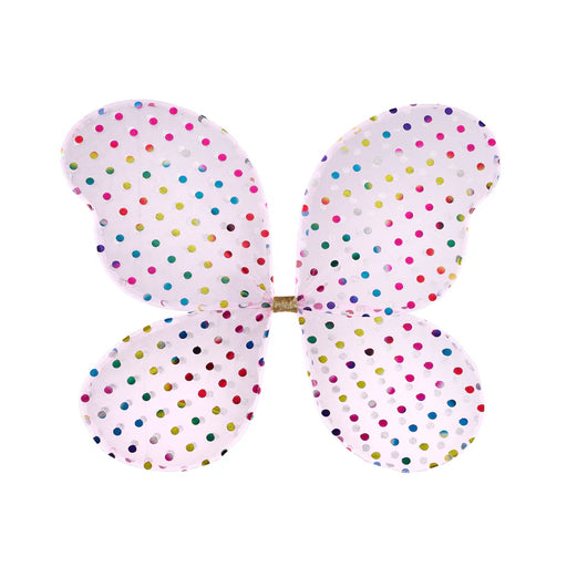 Butterfly-shaped pillow with colorful polka dots on a white background