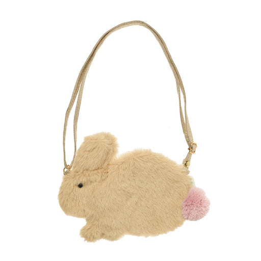 Fluffy beige bunny-shaped bag with a pink pom-pom on a white background