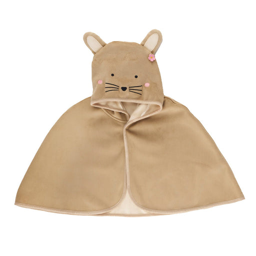 Beige children's hooded cape with animal face design on a white background