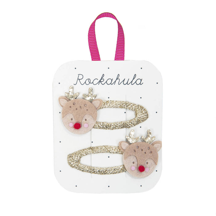Set of deer-shaped hair clips on a Rockahula branded card.
