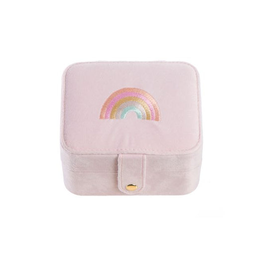 Pink rockahula jewelry box with a rainbow design on a white background