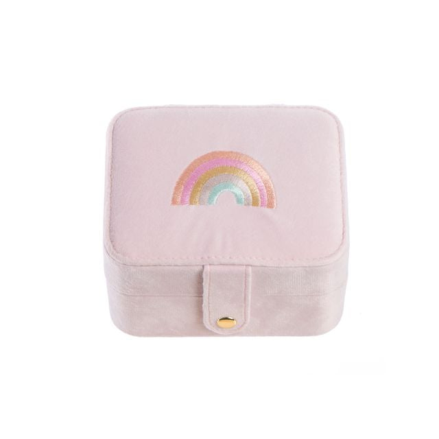 Pink rockahula jewelry box with a rainbow design on a white background