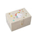 Velvety beige jewelry box with unicorn and star designs on a white background