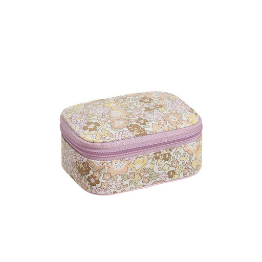 Floral-patterned rectangular case with a purple zipper on a white background