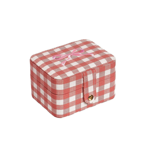 Small rectangular box with red and white checkered pattern and pink bow on a white background