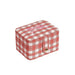Small rectangular box with red and white checkered pattern and pink bow on a white background