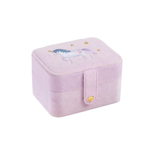 Pink Rockahula jewelry box with unicorn design on a white background