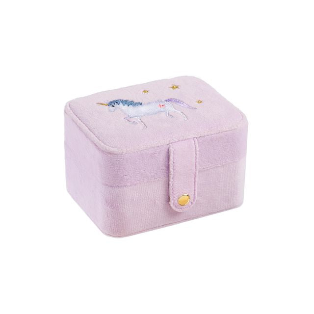 Pink Rockahula jewelry box with unicorn design on a white background