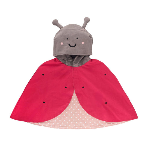 Children's ladybug costume with red cape and gray hood on a white background