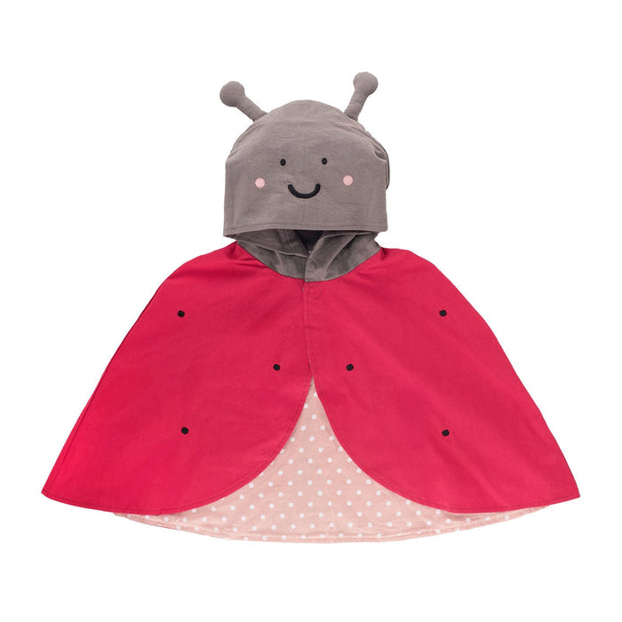 Children's ladybug costume with red cape and gray hood on a white background